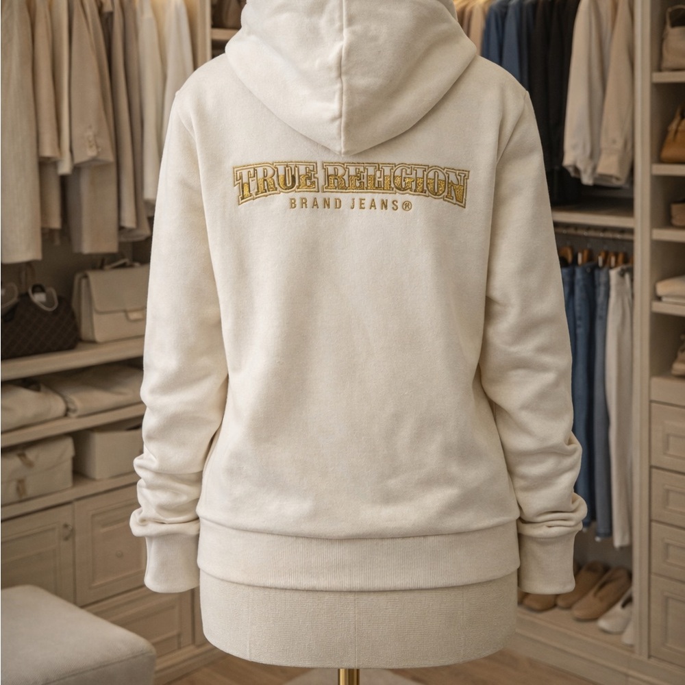 NWT True Religion Cream Hoodie with Gold Logo
